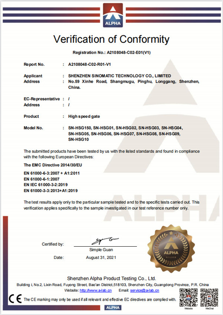 Porcellana SHENZHEN SINOMATIC TECHNOLOGY CO., LIMITED Certificazioni
